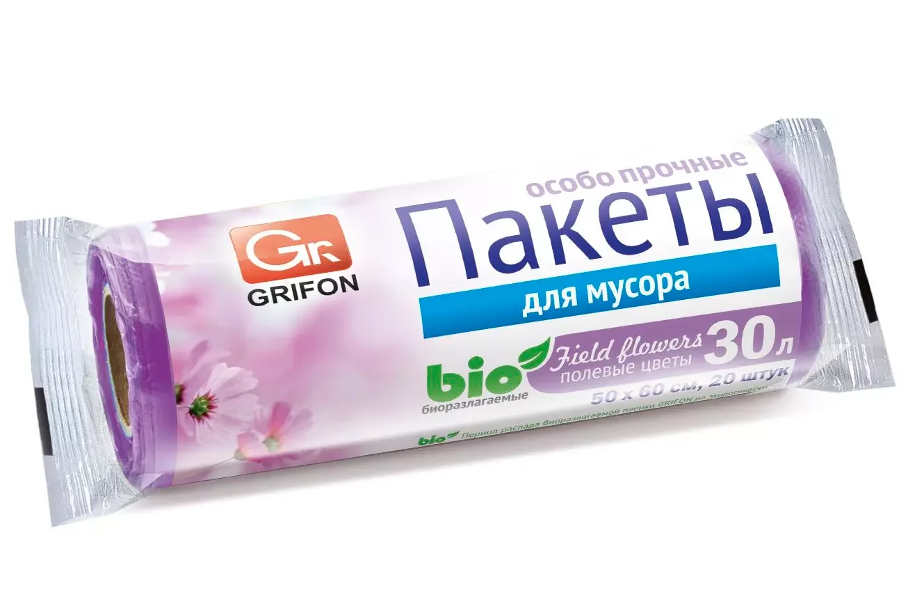 VETTA GRIFON Мешки для мусора Bio 20шт, 30л, 50х60см, особо прочные, 12 микрон, "Полевые цветы", 100