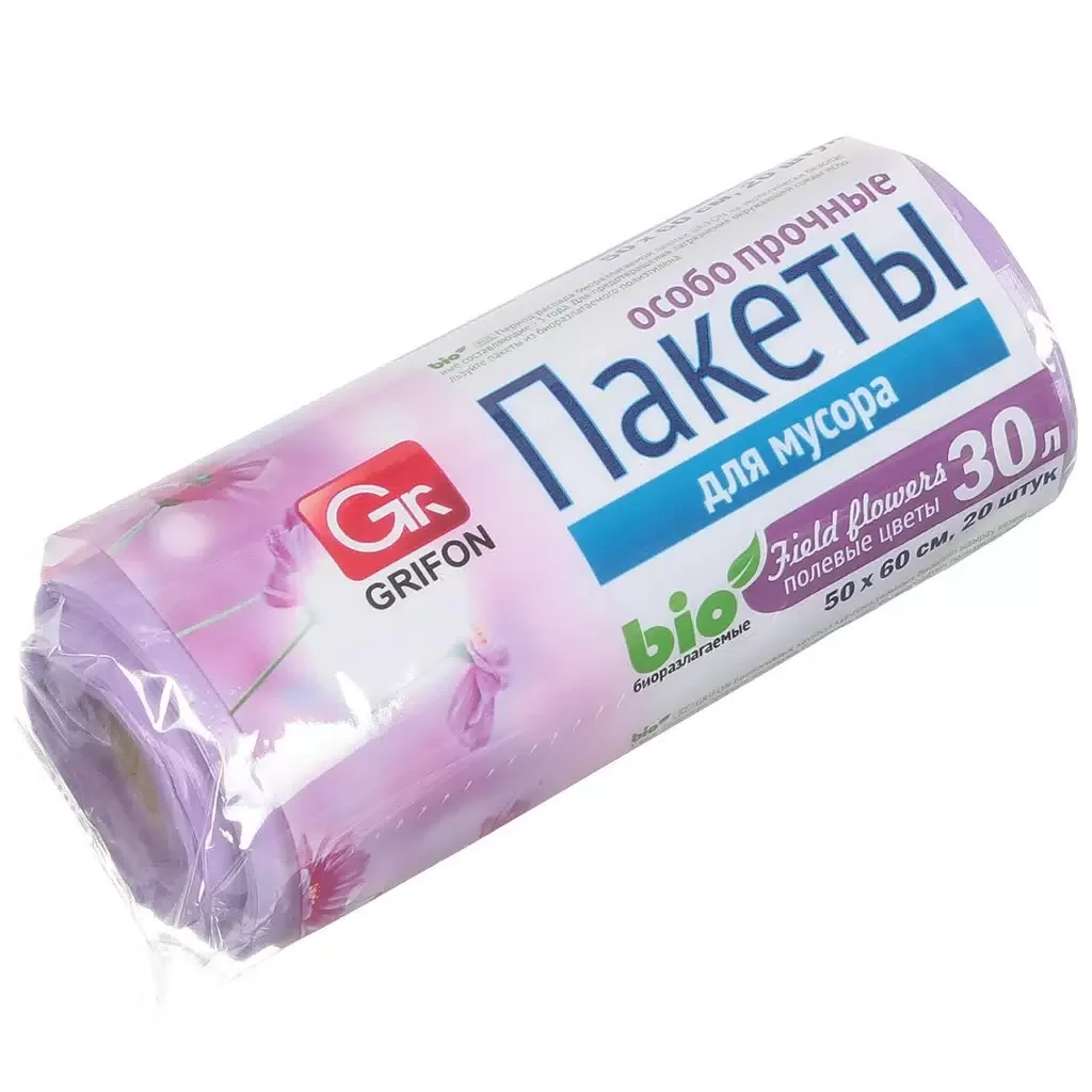 VETTA GRIFON Мешки для мусора Bio 20шт, 30л, 50х60см, особо прочные, 12 микрон, "Полевые цветы", 100