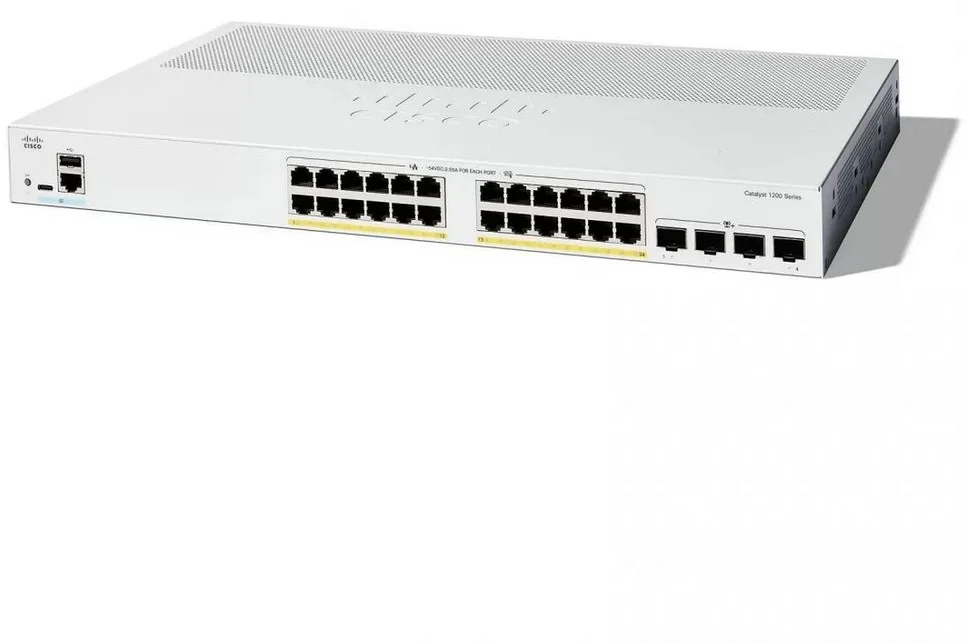 Коммутатор Cisco Catalyst 1200 24x10/100/1000 RJ-45 PoE+, 4x10G SFP+ uplinks, PoE+ 195W, Rack Mounting kit, Fanless, C1200-24P-4X