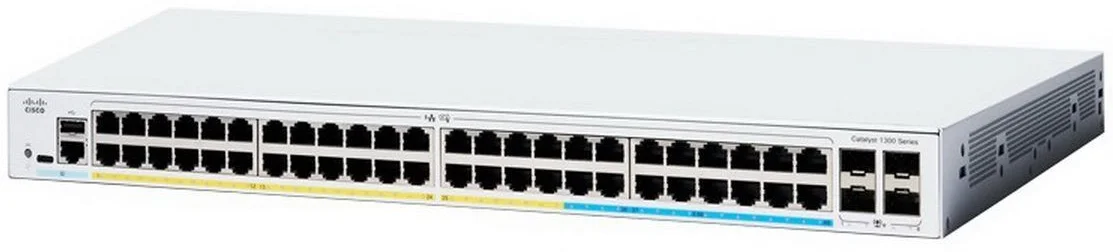Коммутатор Cisco Catalyst 1300 48x 10/100/1000 RJ-45 PoE+, 4x 10Gb SFP+ uplinks, PoE+ 370W, RackMount Kit, Stackable, C1300-48P-4X