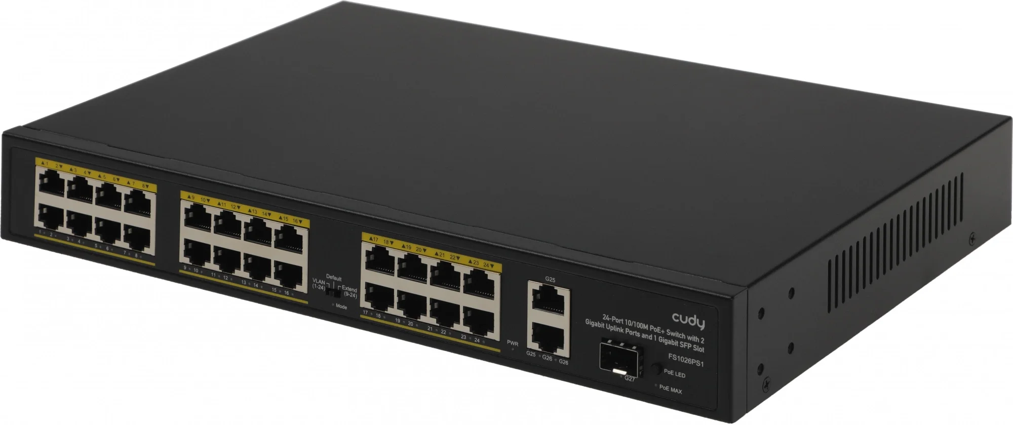 Коммутатор Cudy FS1026PS1, (L2) 24x100 Мбит/с 2x1 Гбит/с, 1SFP, 24PoE, 24PoE+ 300W, неуправляемый