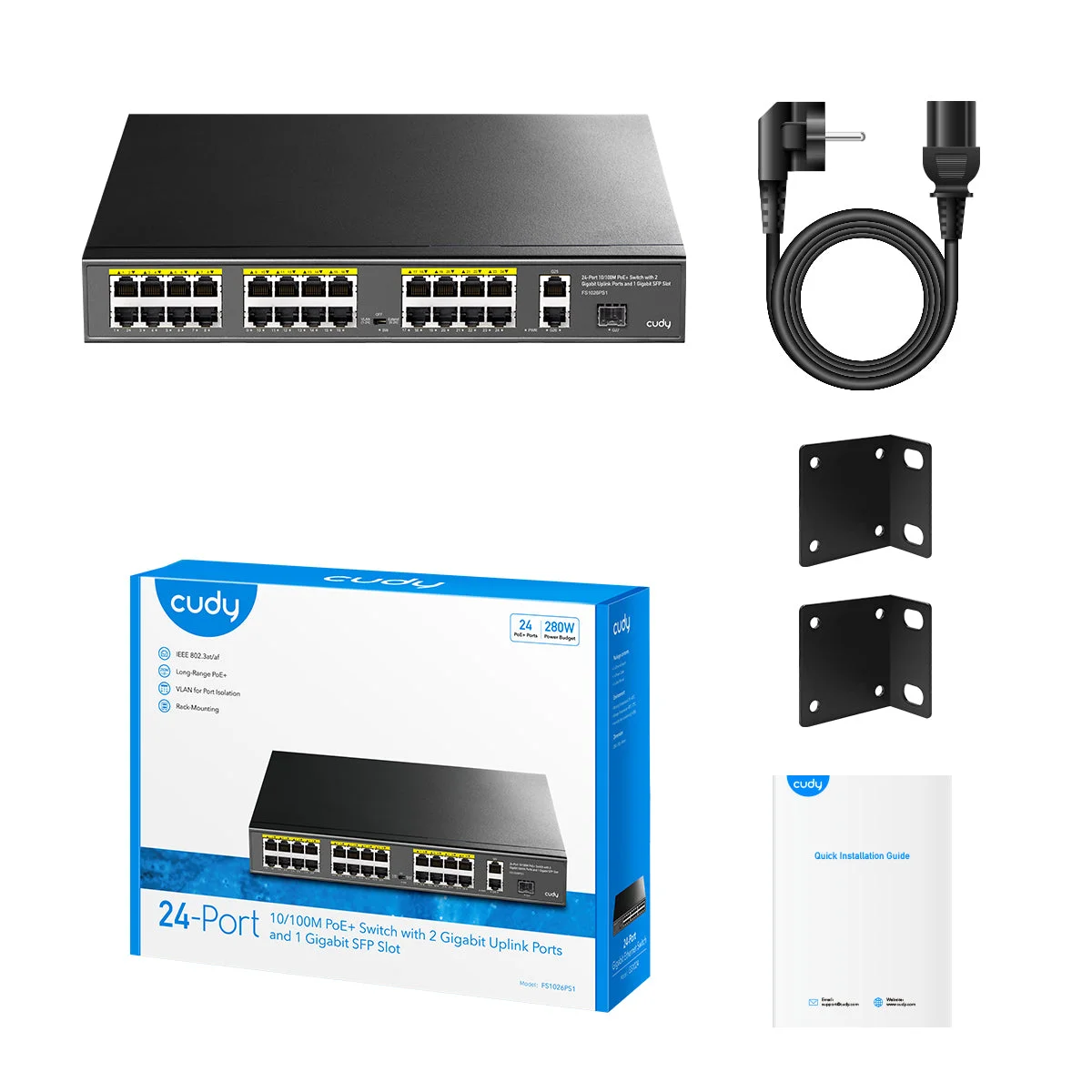 Коммутатор Cudy FS1026PS1, (L2) 24x100 Мбит/с 2x1 Гбит/с, 1SFP, 24PoE, 24PoE+ 300W, неуправляемый