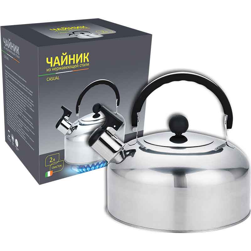 СКР Чайник Casual, объем 2 л, из нерж стали со свистком, зеркальная полировка, без тм