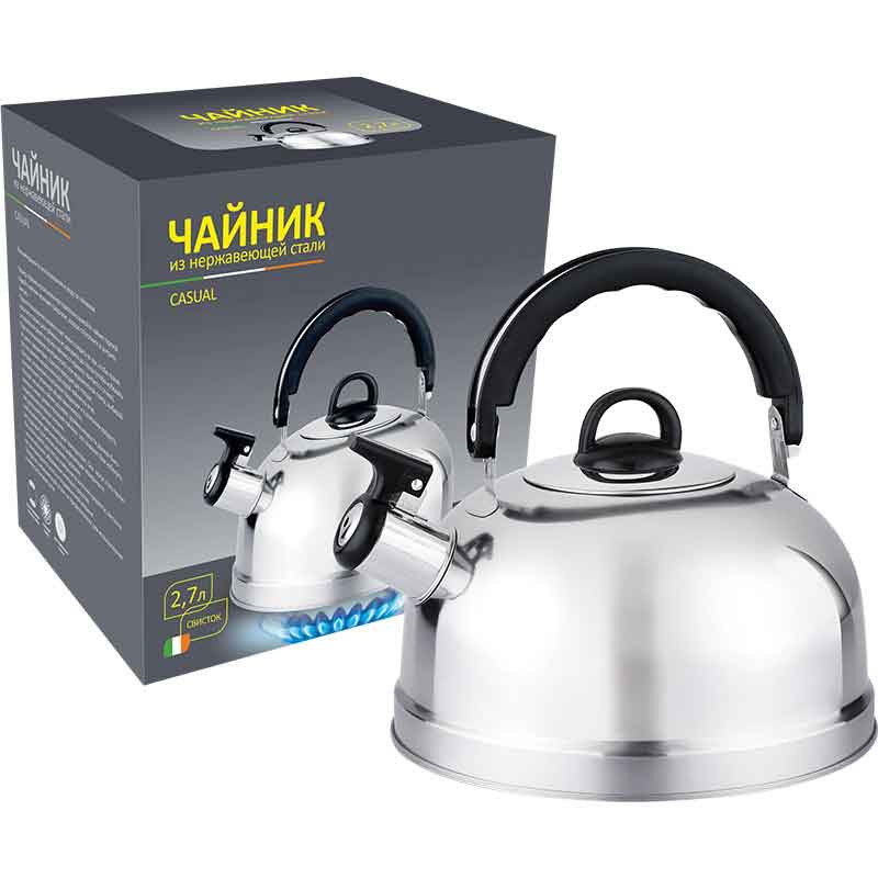 СКР Чайник Casual, объем 2,7 л, из нерж стали со свистком, зеркальная полировка, без тм