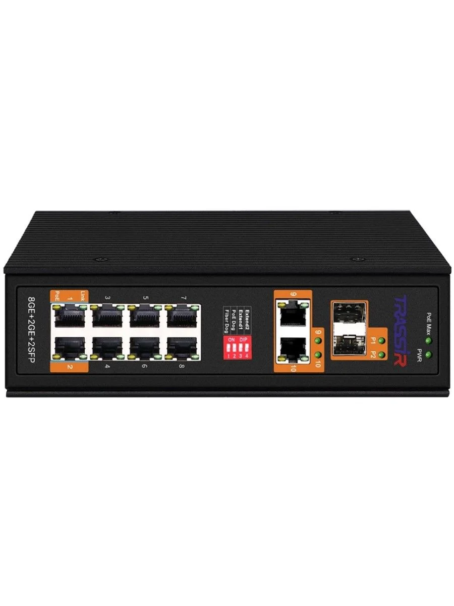 Промышленный PoE коммутатор Fast Ethernet на 8 FE RJ45 PoE + 1 GE RJ45 + 2 GE SFP порта. Порты Ethernet: 8x10/100Base-T, 1x10/100/1000Base-T, 2x1000Ba