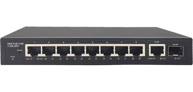 Промышленный PoE коммутатор Fast Ethernet на 8 FE RJ45 PoE + 1 GE RJ45 + 2 GE SFP порта. Порты Ethernet: 8x10/100Base-T, 1x10/100/1000Base-T, 2x1000Ba