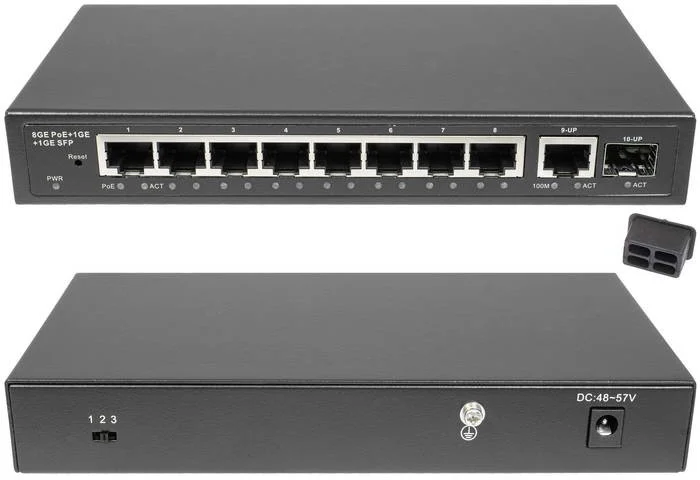 Промышленный PoE коммутатор Fast Ethernet на 8 FE RJ45 PoE + 1 GE RJ45 + 2 GE SFP порта. Порты Ethernet: 8x10/100Base-T, 1x10/100/1000Base-T, 2x1000Ba