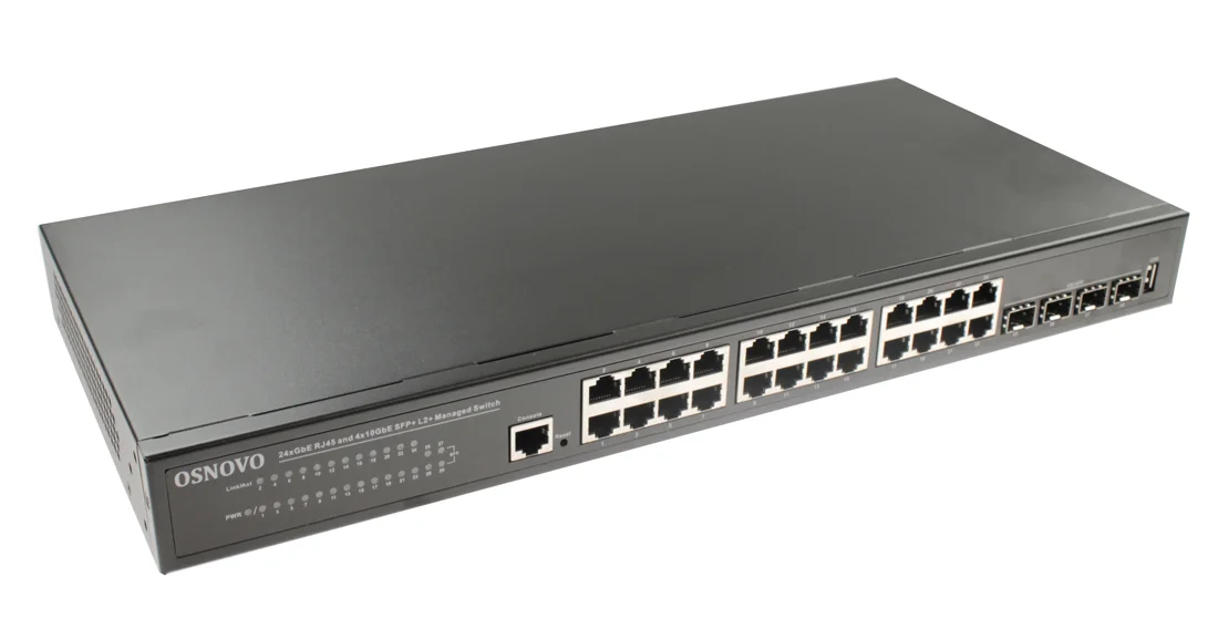 Управляемый L2+ коммутатор OSNOVO SW-24G4X-L2 Gigabit Ethernet на 28 портов. Порты: 24 x GE (10/100/1000Base-T) + 4 x 1G/10G SFP+ Uplink. Консольный п