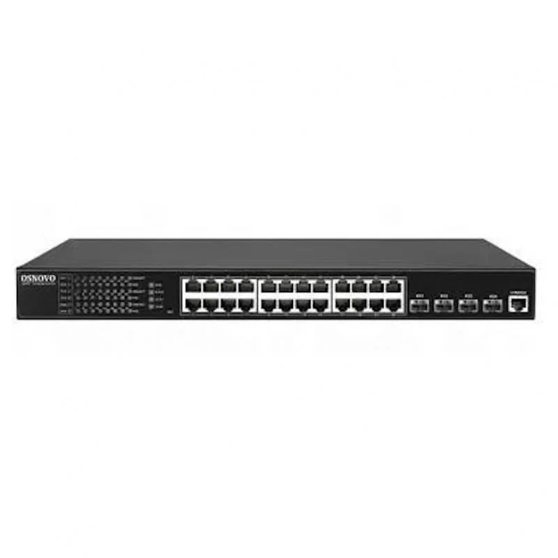 Управляемый L2+ коммутатор OSNOVO SW-24G4X-L2 Gigabit Ethernet на 28 портов. Порты: 24 x GE (10/100/1000Base-T) + 4 x 1G/10G SFP+ Uplink. Консольный п
