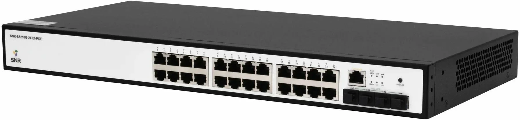 Управляемый коммутатор SNR уровня 2+, 24 порта 10/100/1000Base-T с поддержкой POE, 4 порта 1/10G SFP+, бюджет POE 370W