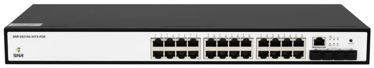 Управляемый коммутатор SNR уровня 2+, 24 порта 10/100/1000Base-T с поддержкой POE, 4 порта 1/10G SFP+, бюджет POE 370W