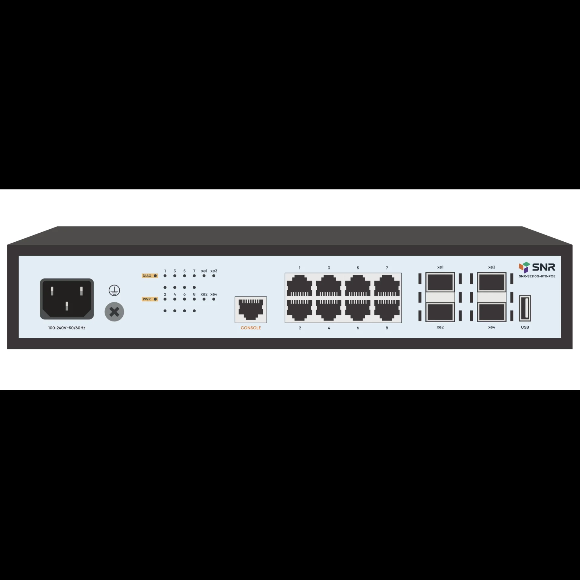 Управляемый коммутатор уровня SNR 2+, 8 портов 10/100/1000Base-T, 4 порта 1/10G SFP+, встроенный БП ~220V AC