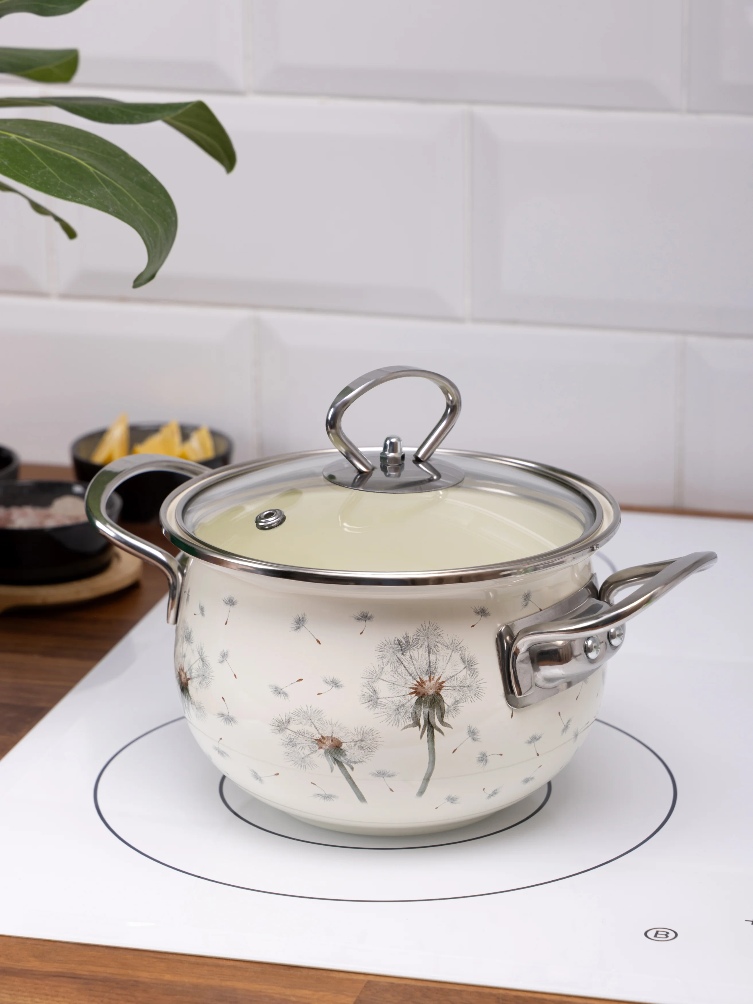 КАСТРЮЛЯ AGNESS ЭМАЛИРОВАННАЯ СО СТЕКЛЯННОЙ КРЫШКОЙ СЕРИЯ "DANDELION", 1,5 Л ДИА. 16СМ