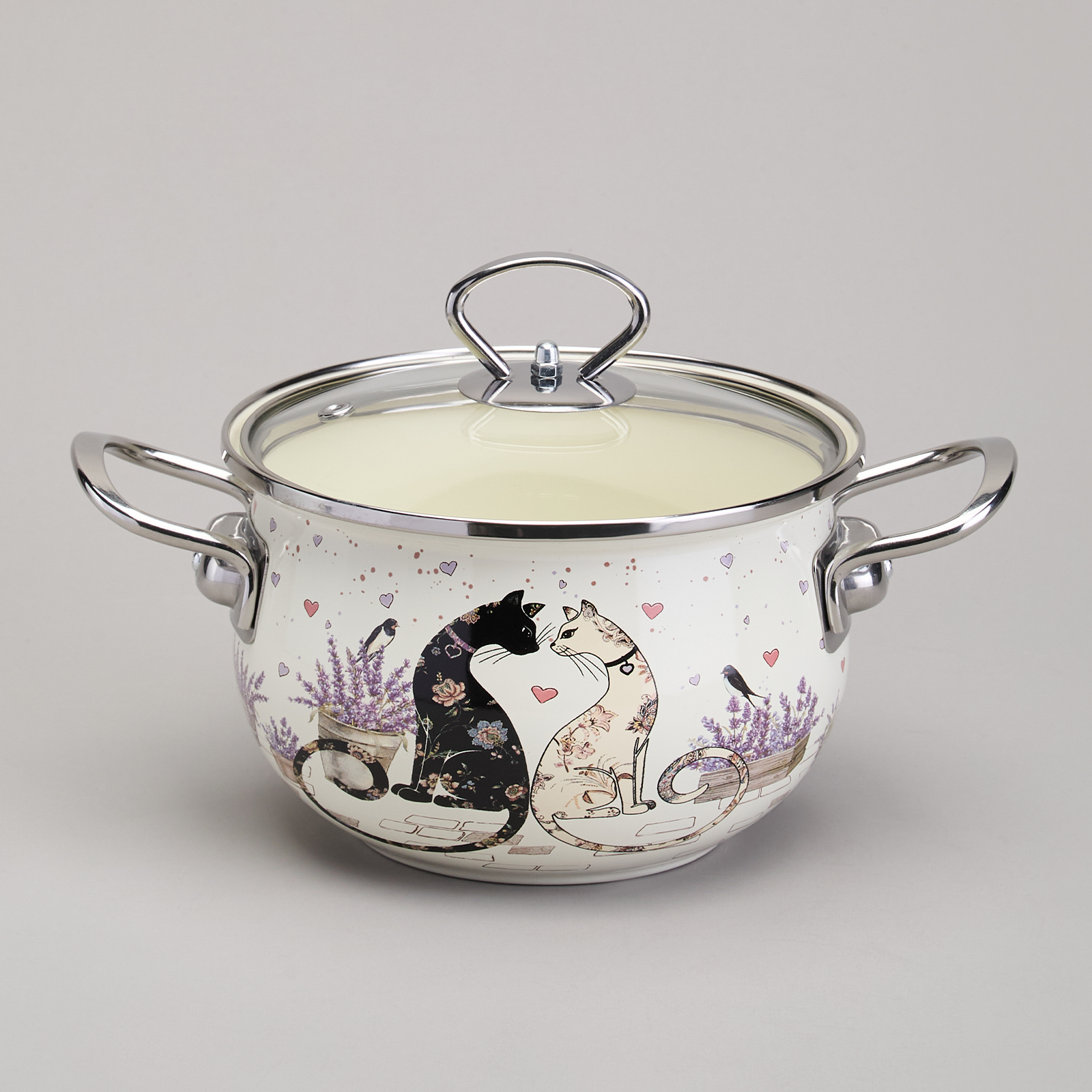 КАСТРЮЛЯ AGNESS ЭМАЛИРОВАННАЯ СО СТЕКЛЯННОЙ КРЫШКОЙ СЕРИЯ "LAVENDER CATS", 2,0 Л ДИА. 18СМ