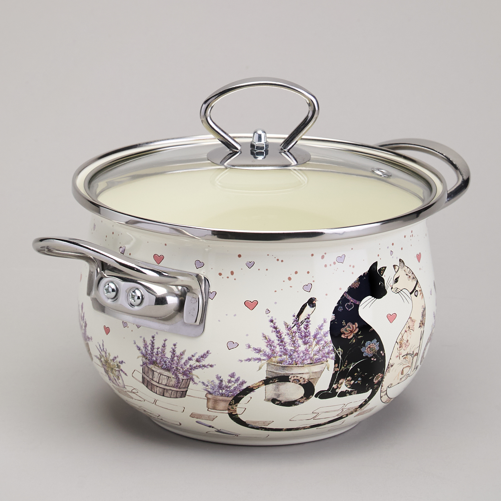 КАСТРЮЛЯ AGNESS ЭМАЛИРОВАННАЯ СО СТЕКЛЯННОЙ КРЫШКОЙ СЕРИЯ "LAVENDER CATS", 2,0 Л ДИА. 18СМ
