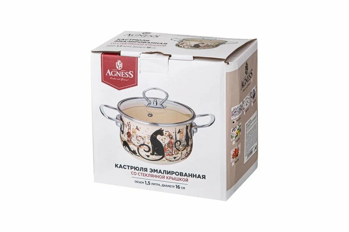 КАСТРЮЛЯ ЭМАЛИРОВАННАЯ AGNESS СО СТЕКЛЯННОЙ КРЫШКОЙ СЕРИЯ "ПАРИЖСКИЕ КОТЫ", 1.5 Л, 16*10 СМ