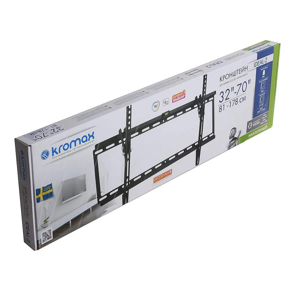 Кронштейн Kromax IDEAL-2 черный для TV 32"-90", настенный наклонный, max VESA 600x400, от стены 23мм, наклон 0-10°