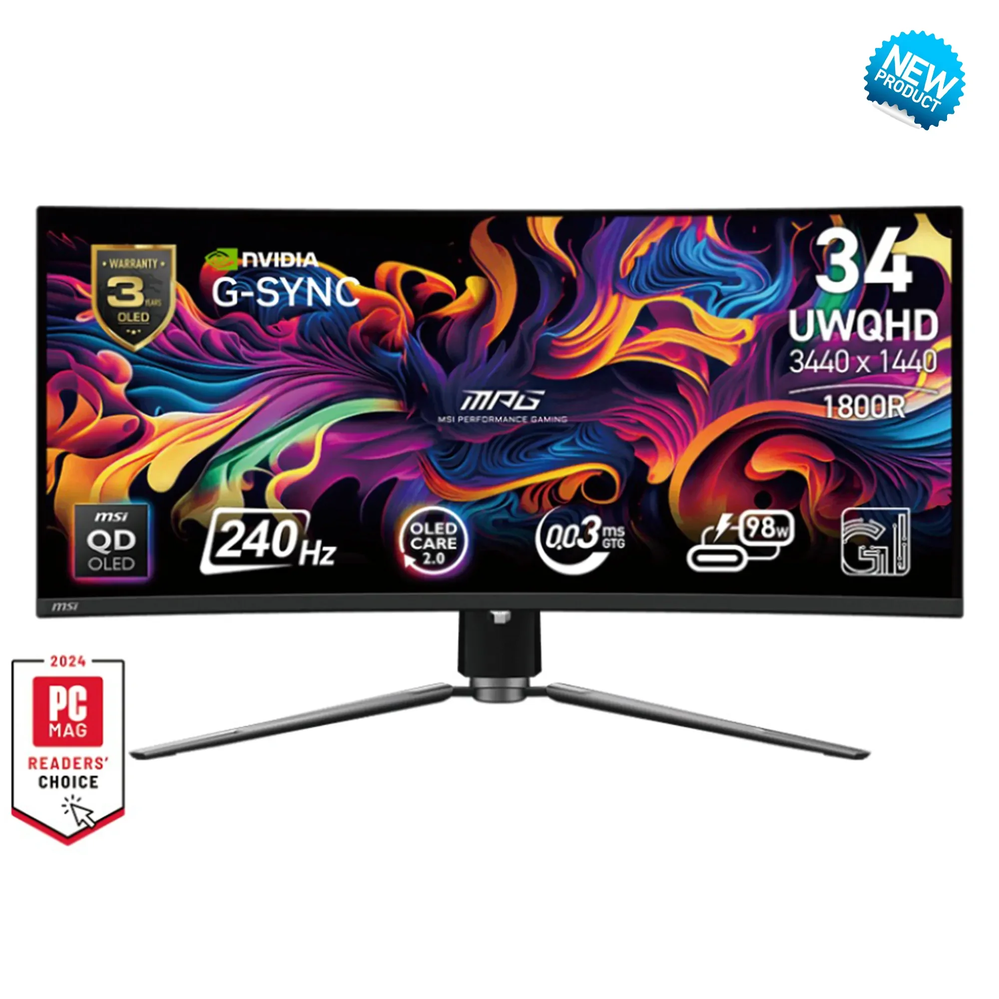Монитор MSI 34,18" MPG 341CQPX QD-OLED 1800R, 21:9, UWQHD, 0,03ms, 240Hz, HDMI, DP, USB-C, HAS