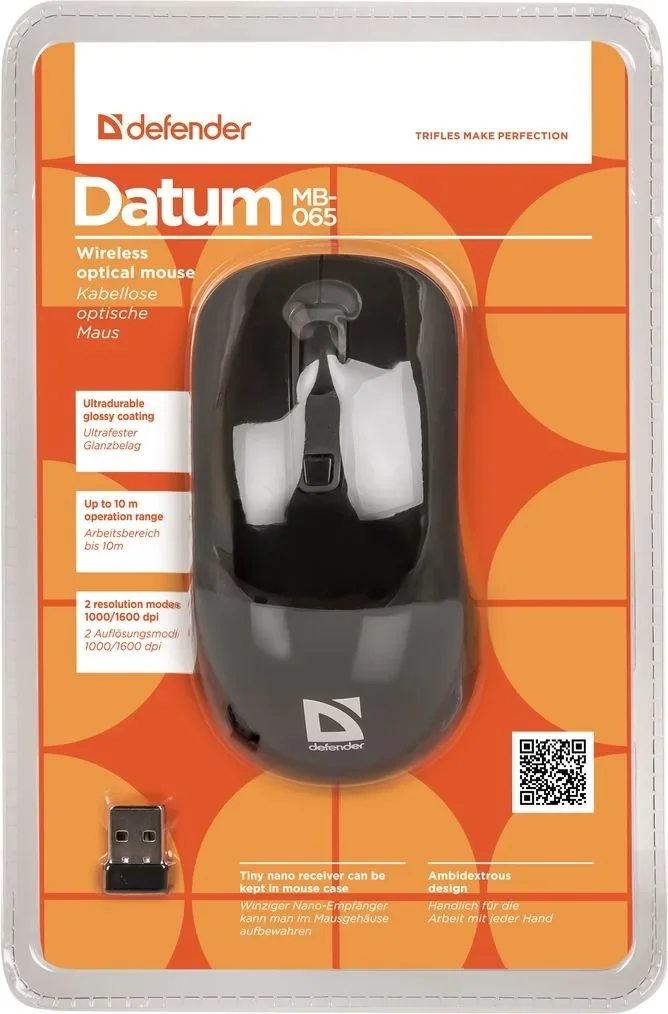 Мышь Defender Datum MB-065 Black беспроводная оптическая мышь,1000/1600 dpi, 2 + колесо-кн. + кн.смены разрешения, USB, совместимсть с Windows 2000/XP