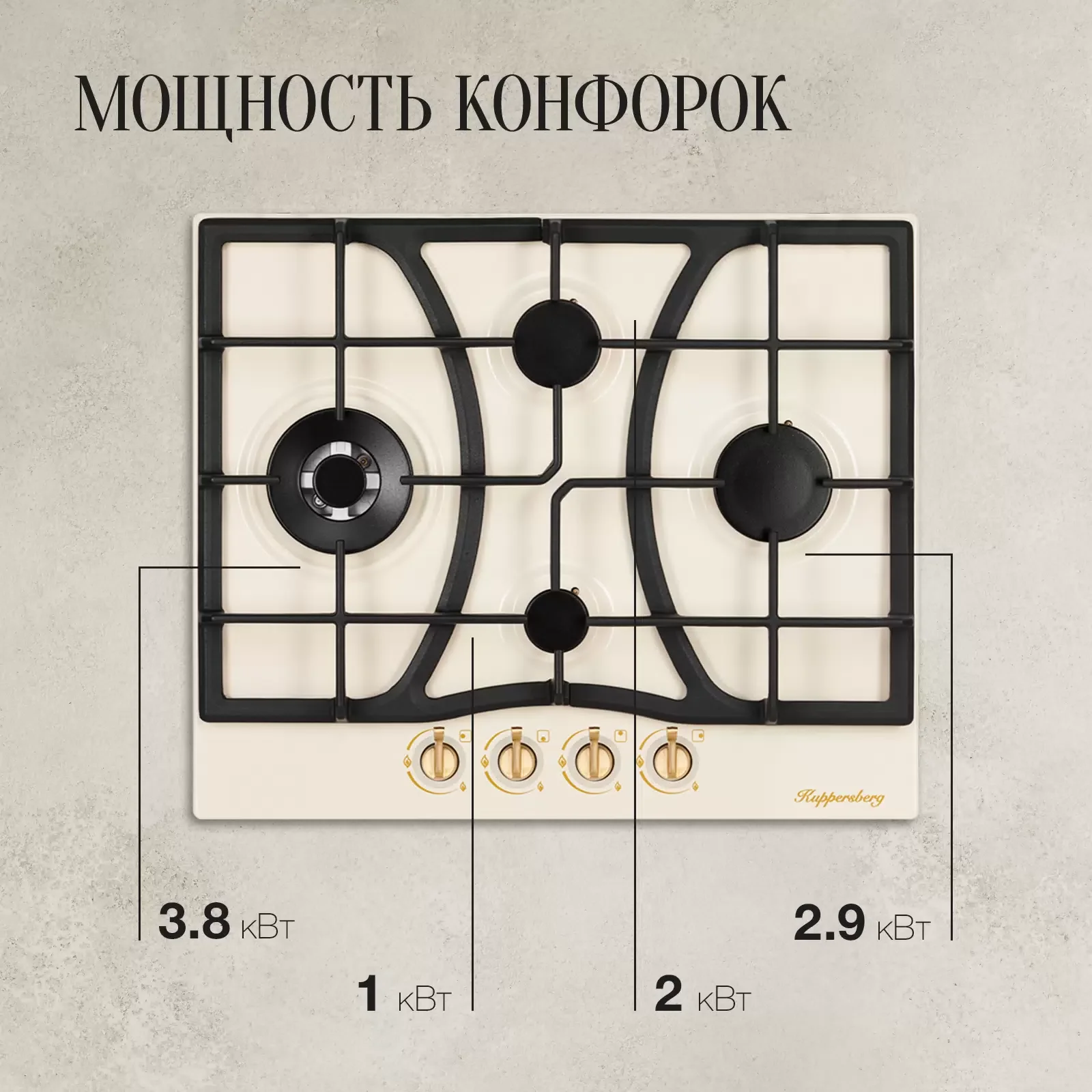 Газовая варочная панель Kuppersberg FS 610 C Bronze, газ, Classic, 61 см, автоматический электроподжиг, газ-контроль, SABAF конфорки, чугунные решетки