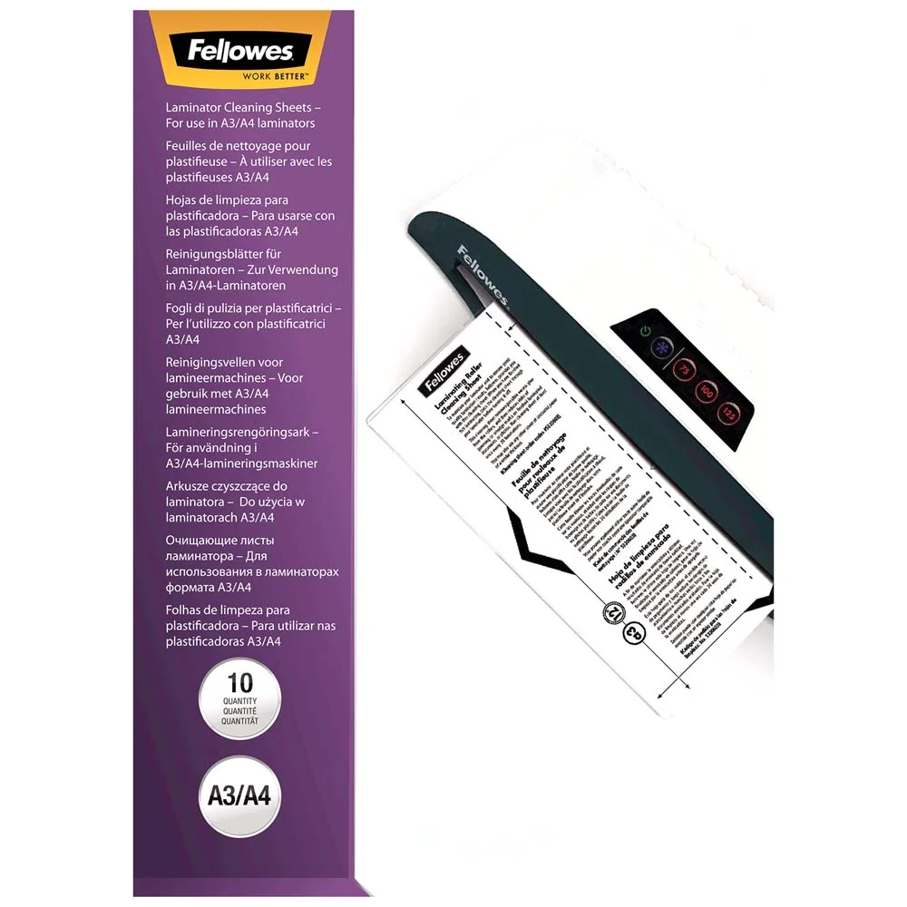 Fellowes® Чистящий лист для ламинатора, абсорбирует остатки клея, пыли и грязи с поверхности валов, упаковка 10 шт.