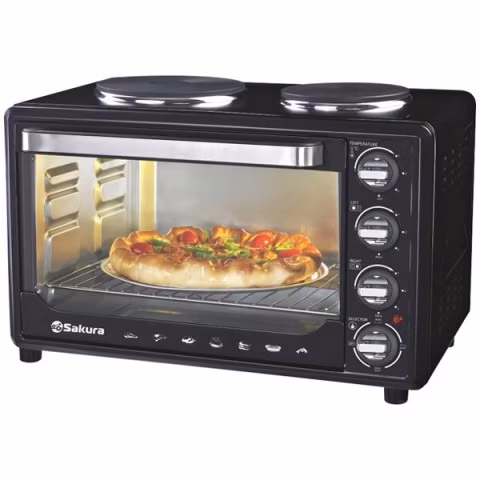 Мини-печь Sakura SA-7001HBK 35л, 3200Вт, духовка 1600Вт, конфорки 185мм+155мм (1000Вт+600Вт), механ.управление, 3 режима работы духовки (верх, низ, ве