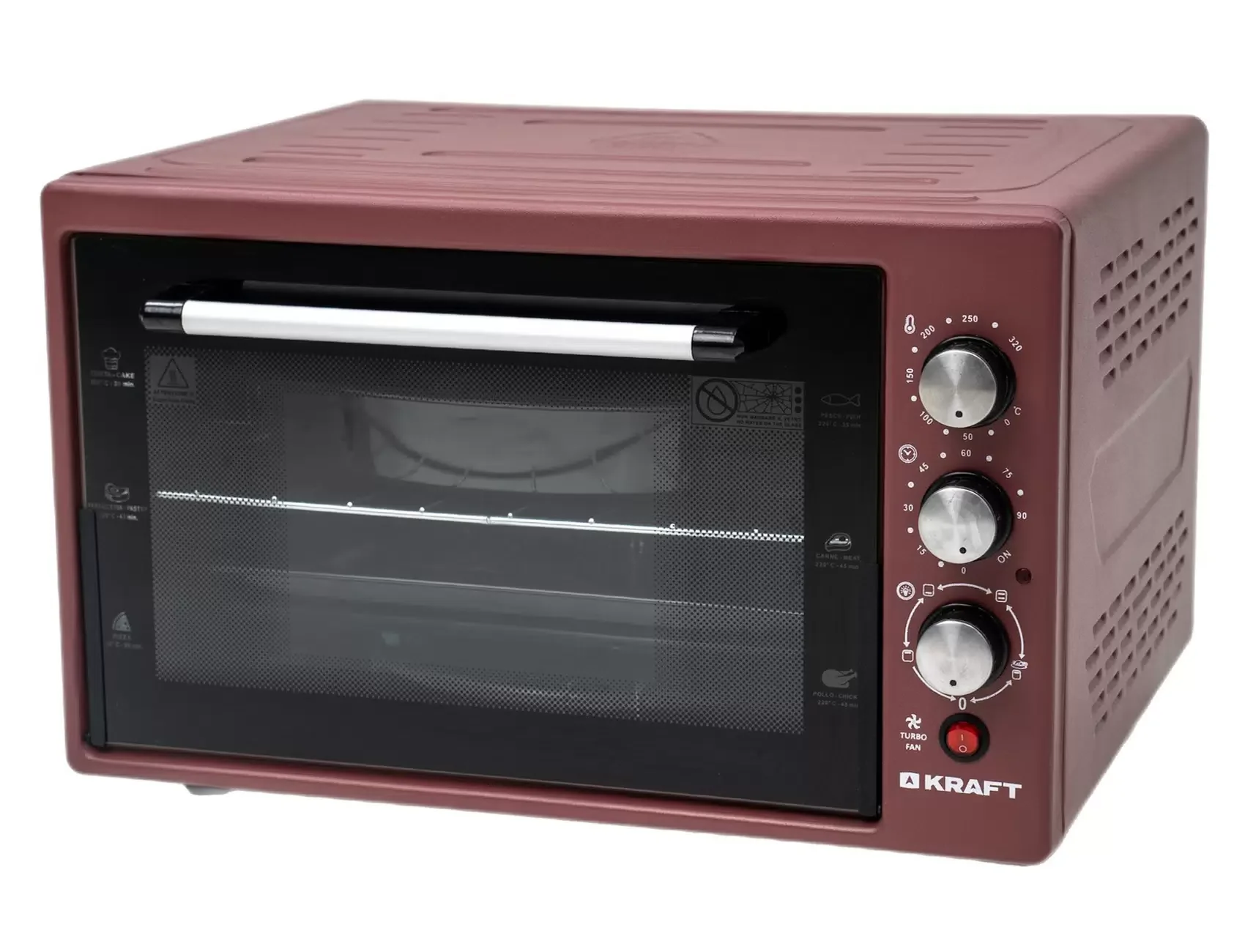 Мини-печь Kraft КF-MO3804KR красный Мощность 1500(Вт),Объем 38(Л),Напряжение 220-240(В),Максимальная температура 320(°С),Внутренняя подсветк