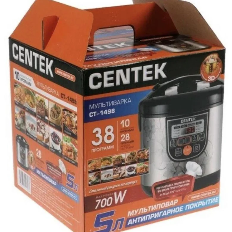 Мультиварка Centek CT-1498 (черный, сталь) 700Вт, 5.0л, 10 программ + 28 программ Мультишеф