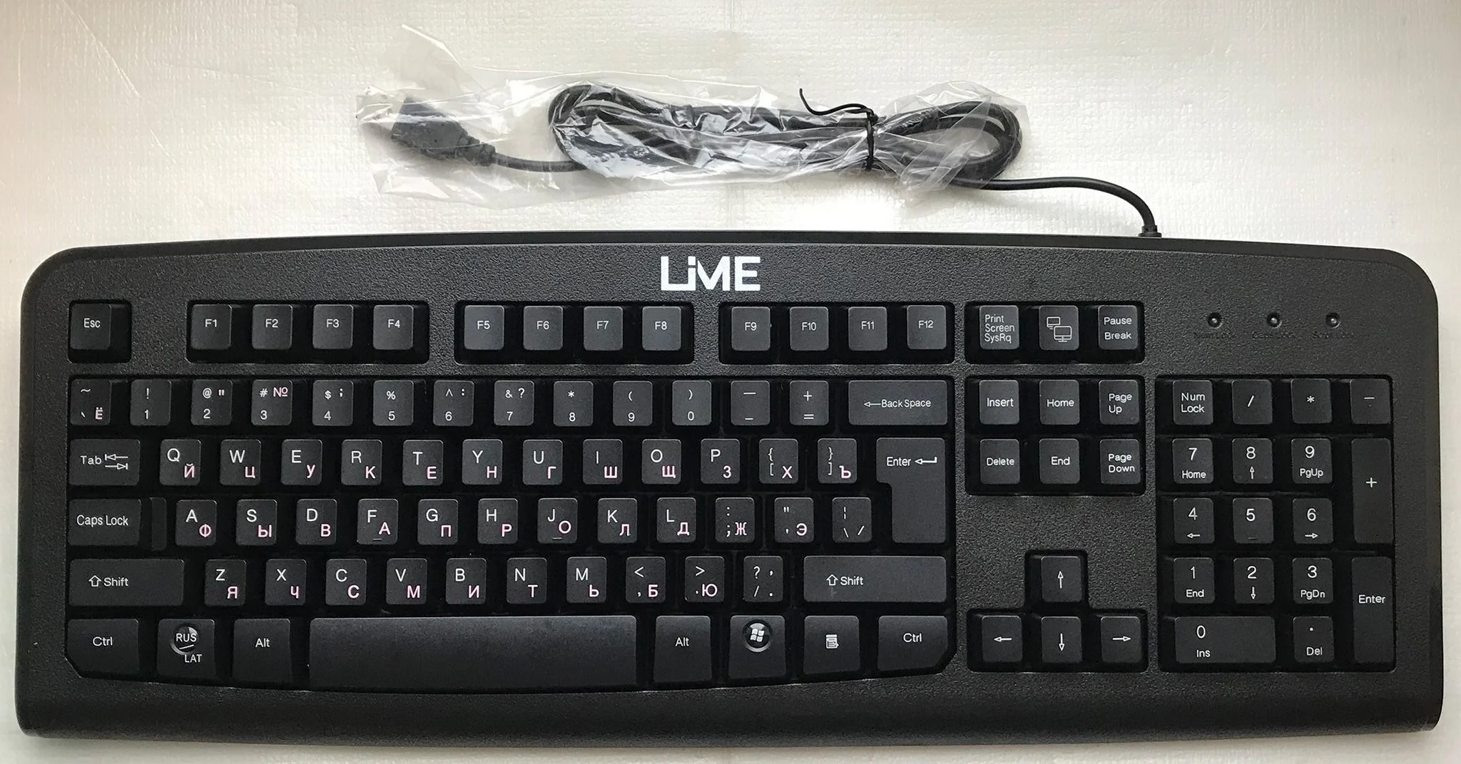 Клавиатура проводная Lime K-0494 RLSK USB Standart Black 104 keyboard with RUS/LAT keys and Special scroll key, Rus(red)/Lat(белый)