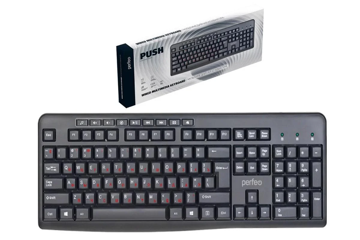 Клавиатура проводная Perfeo PUSH Multimedia, USB, черная