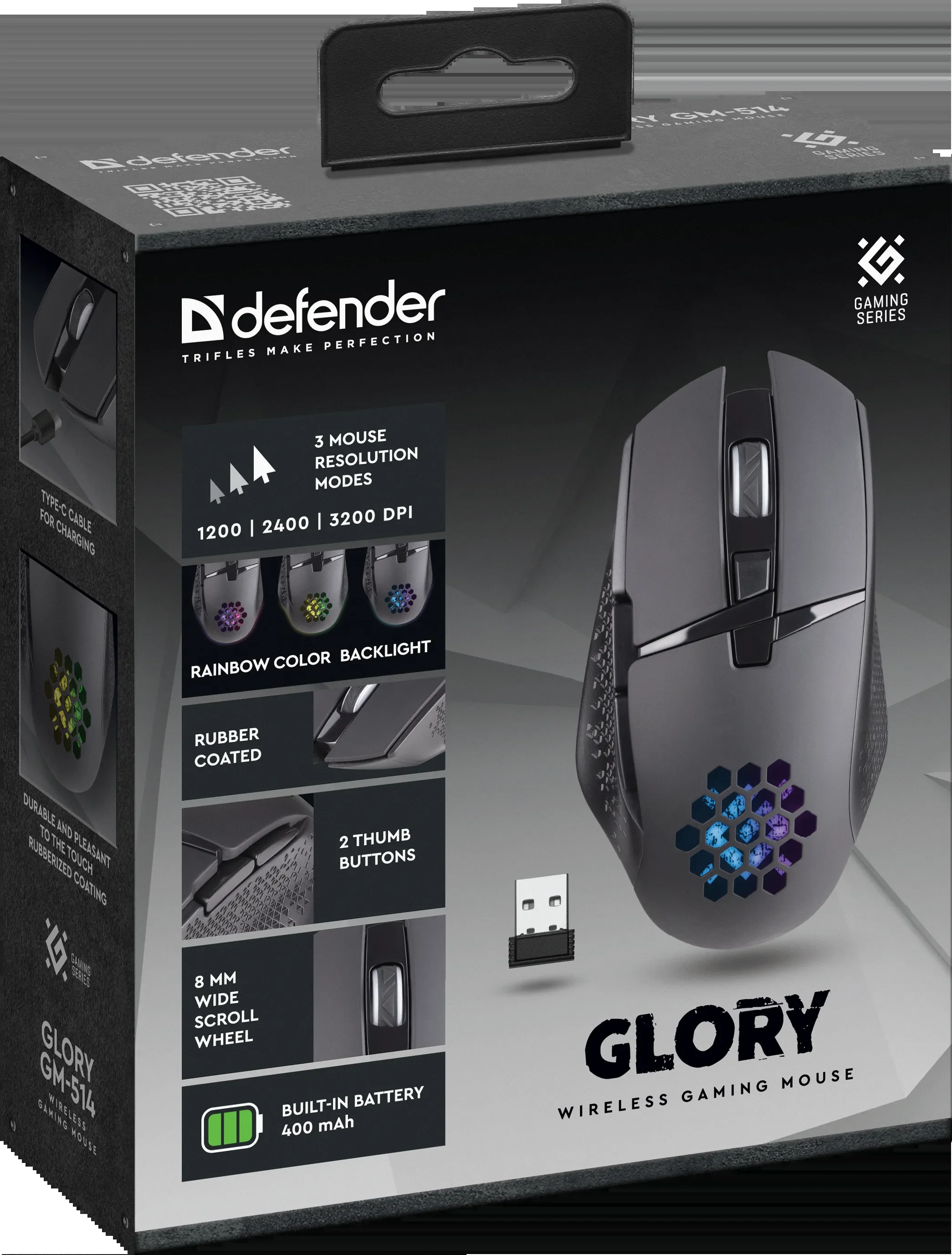 Defender Игровая мышь беспроводная Glory GM-514 черный,LED,7D,400 мАч,3200dpi