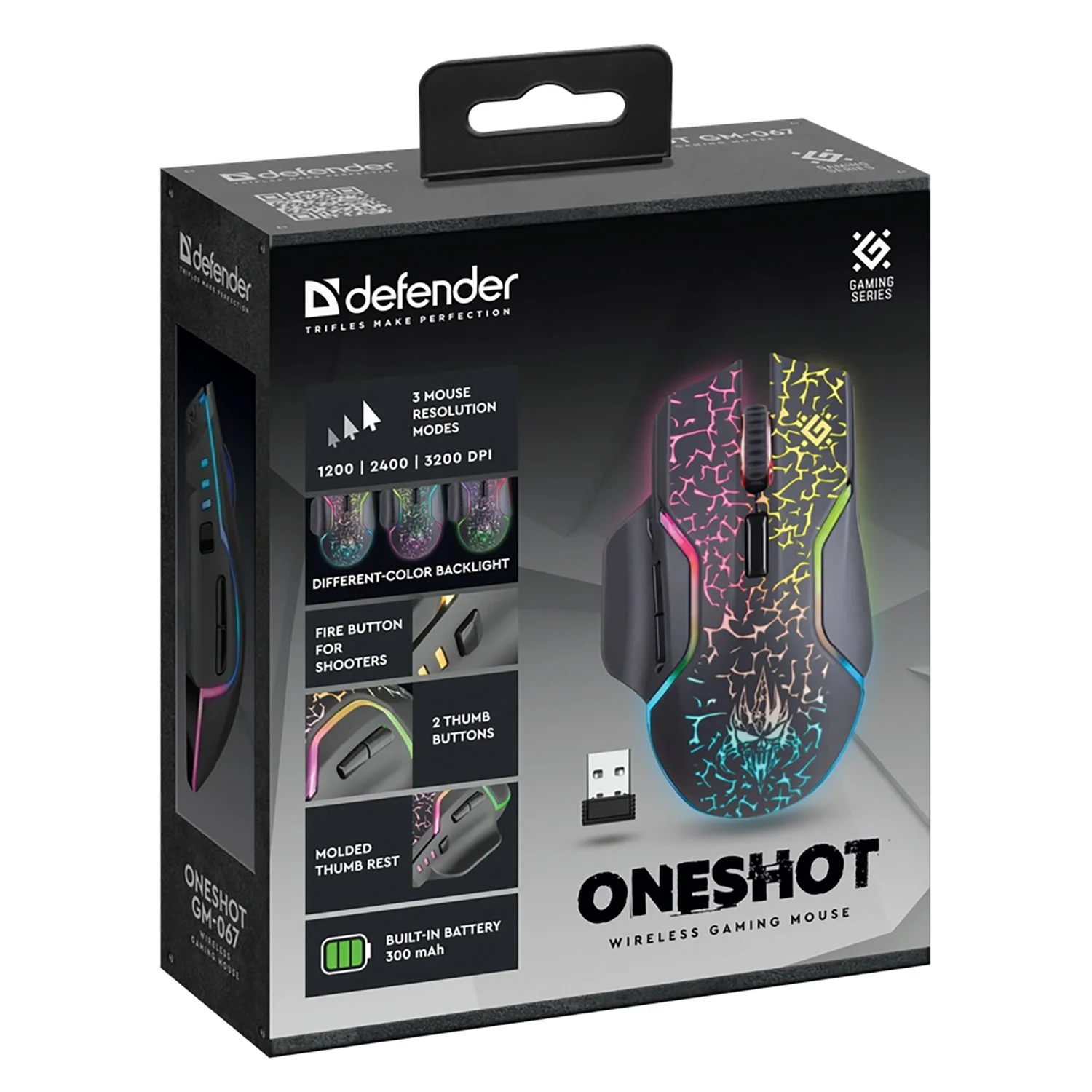 Defender Игровая мышь беспроводная Oneshot GM-067 черный,LED,7D,300 мАч, 3200dpi