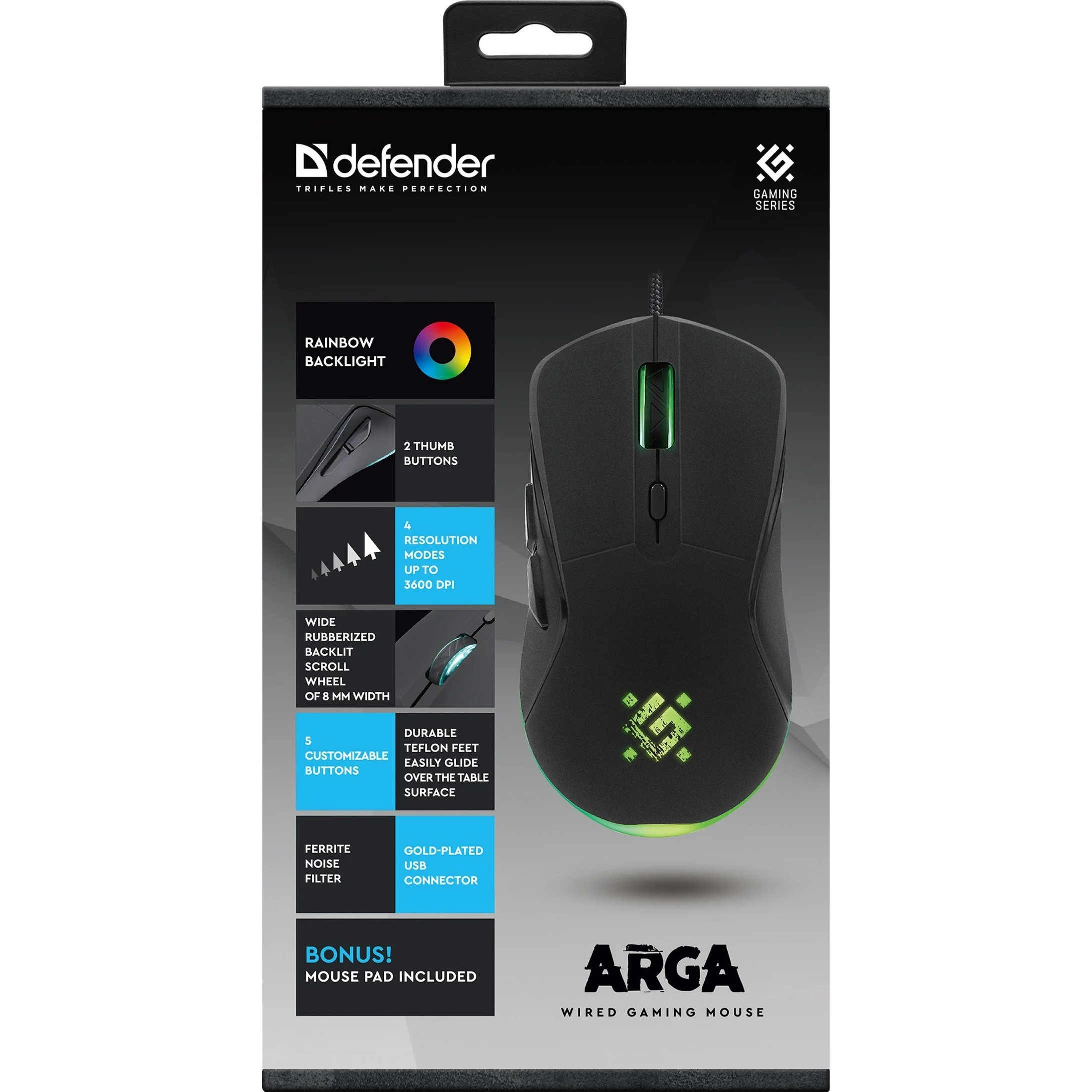 Defender Игровая мышь проводная Arga GM-049 черн,радуж,6кн,3600dpi,+ковер
