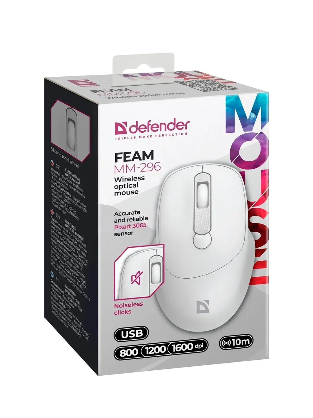 Defender Мышь беспроводная оптическая Feam MM-296 белый,4D,800-1600dpi,бесшумная