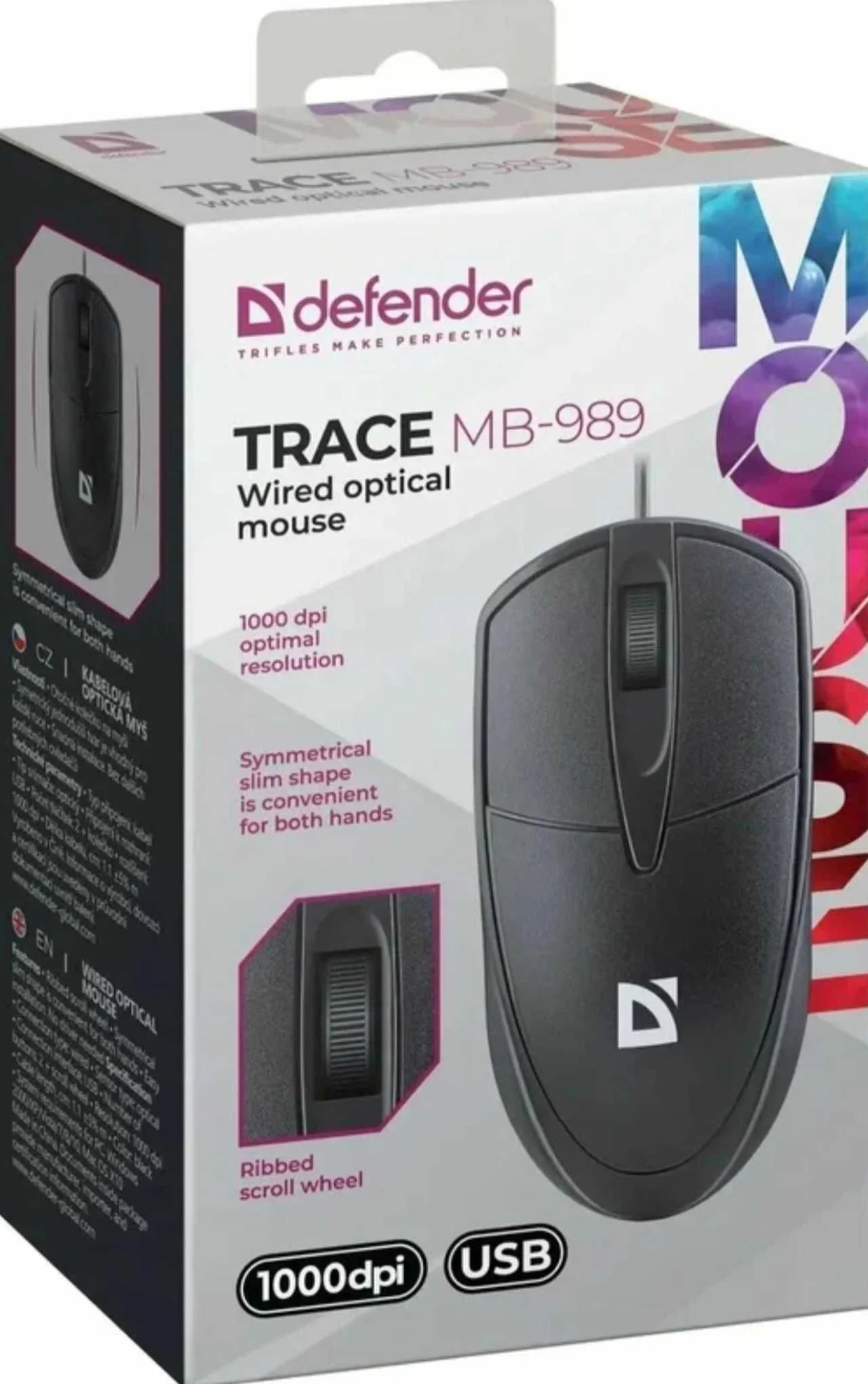 Defender Мышь проводная оптическая Trace MB-989, 3D,1,2м,1000dpi, чёрный.