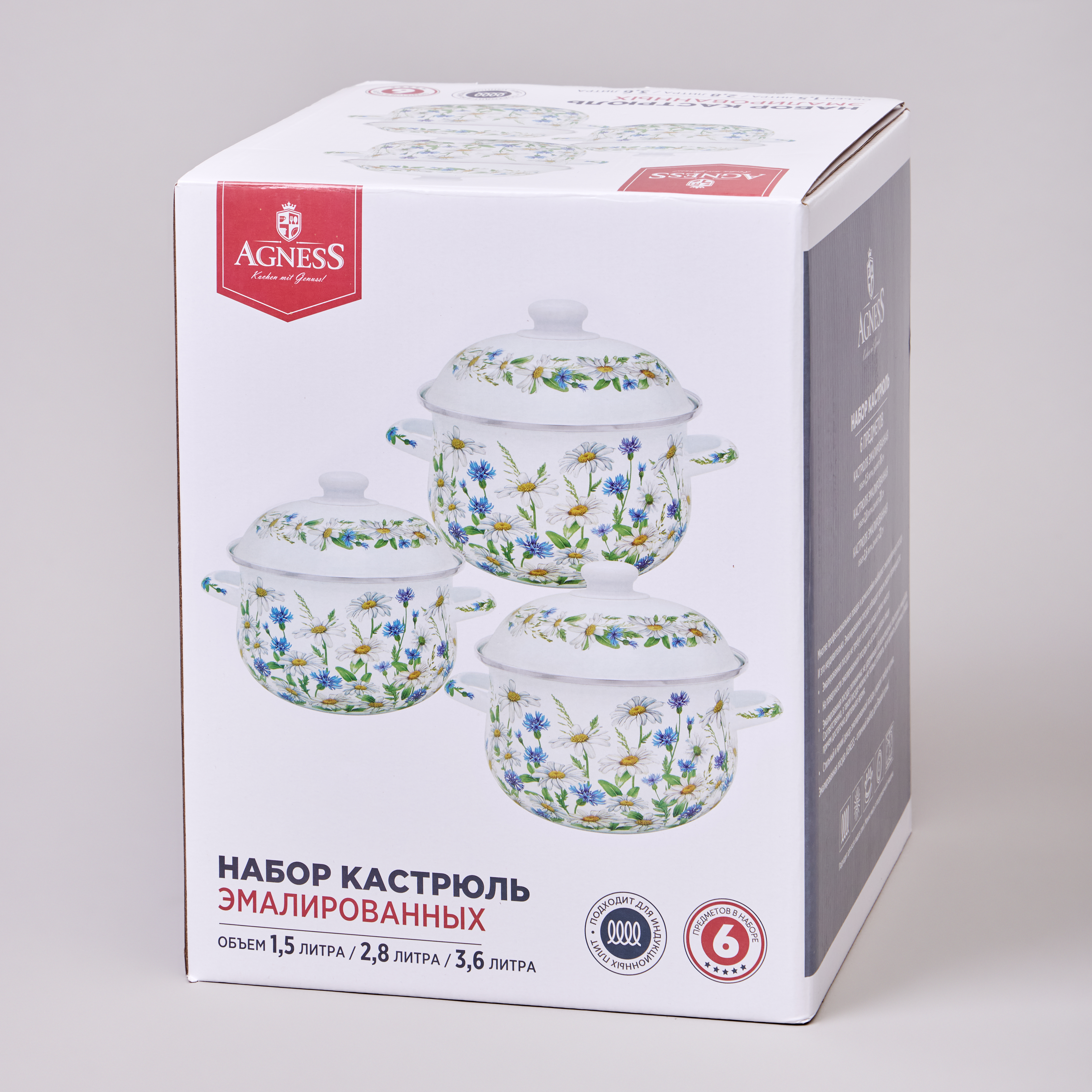 НАБОР КАСТРЮЛЬ AGNESS  ЭМАЛИРОВАННЫХ СЕРИЯ "SENTIMENT", 6ПР. 1,5/2,8/3,6Л, 16Х10/20Х12/22Х13СМ