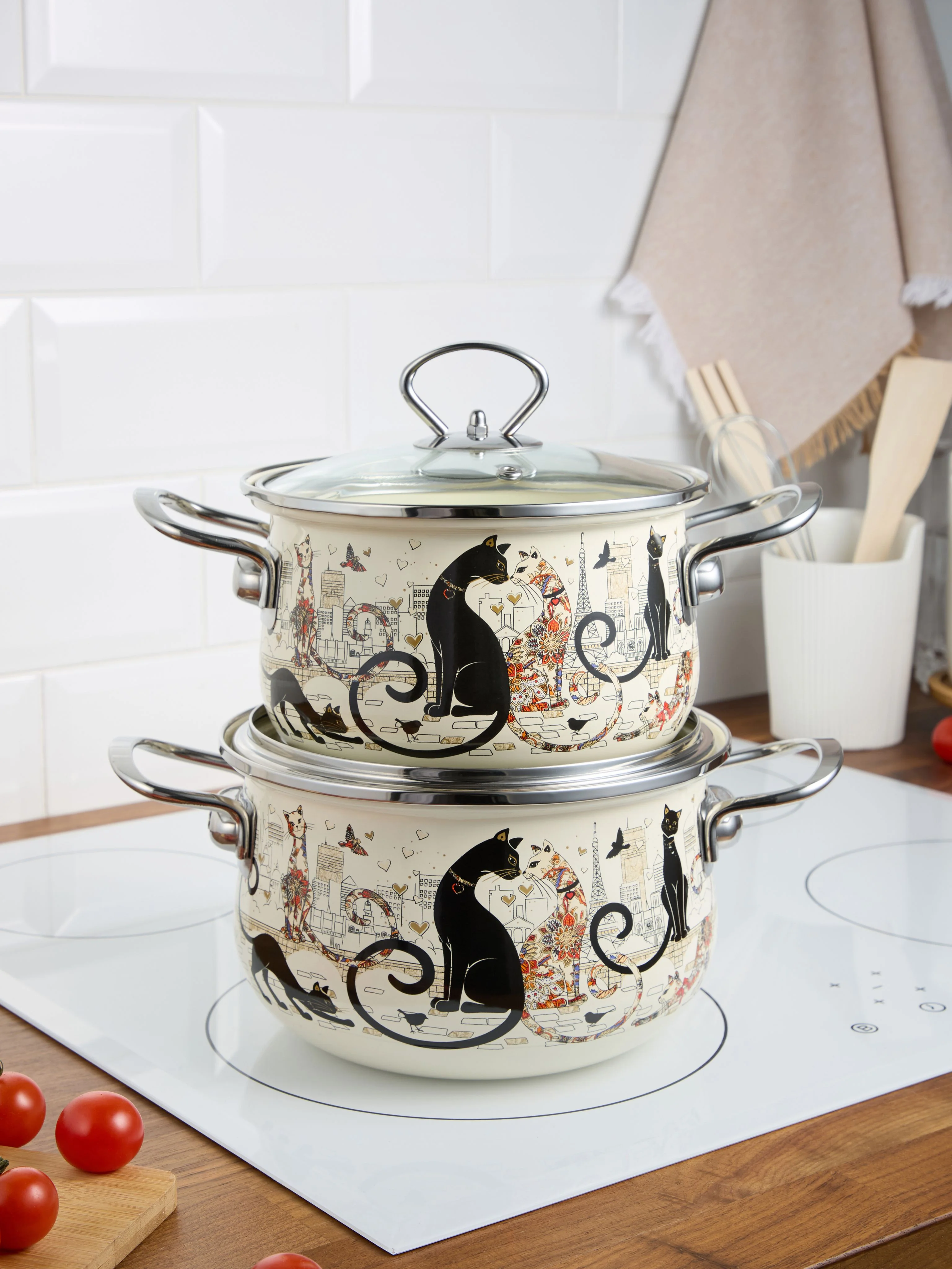 НАБОР КАСТРЮЛЬ AGNESS ЭМАЛИРОВАННЫХ СЕРИЯ "ПАРИЖСКИЕ КОТЫ" 4ПР. 2,0Л И 2,8Л, 18Х11СМ, 20Х12СМ