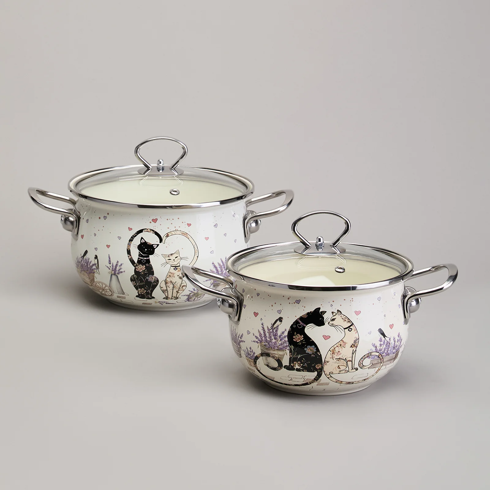 НАБОР КАСТРЮЛЬ ЭМАЛИРОВАННЫЙ, СЕРИЯ "LAVENDER CATS" 4ПР. 2,0/2,8Л ДИА.18/20СМ