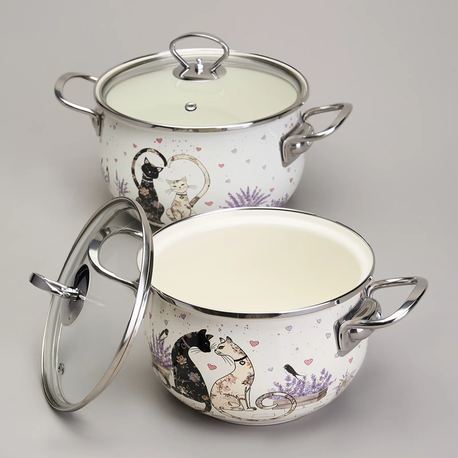 НАБОР КАСТРЮЛЬ ЭМАЛИРОВАННЫЙ, СЕРИЯ "LAVENDER CATS" 4ПР. 2,0/2,8Л ДИА.18/20СМ