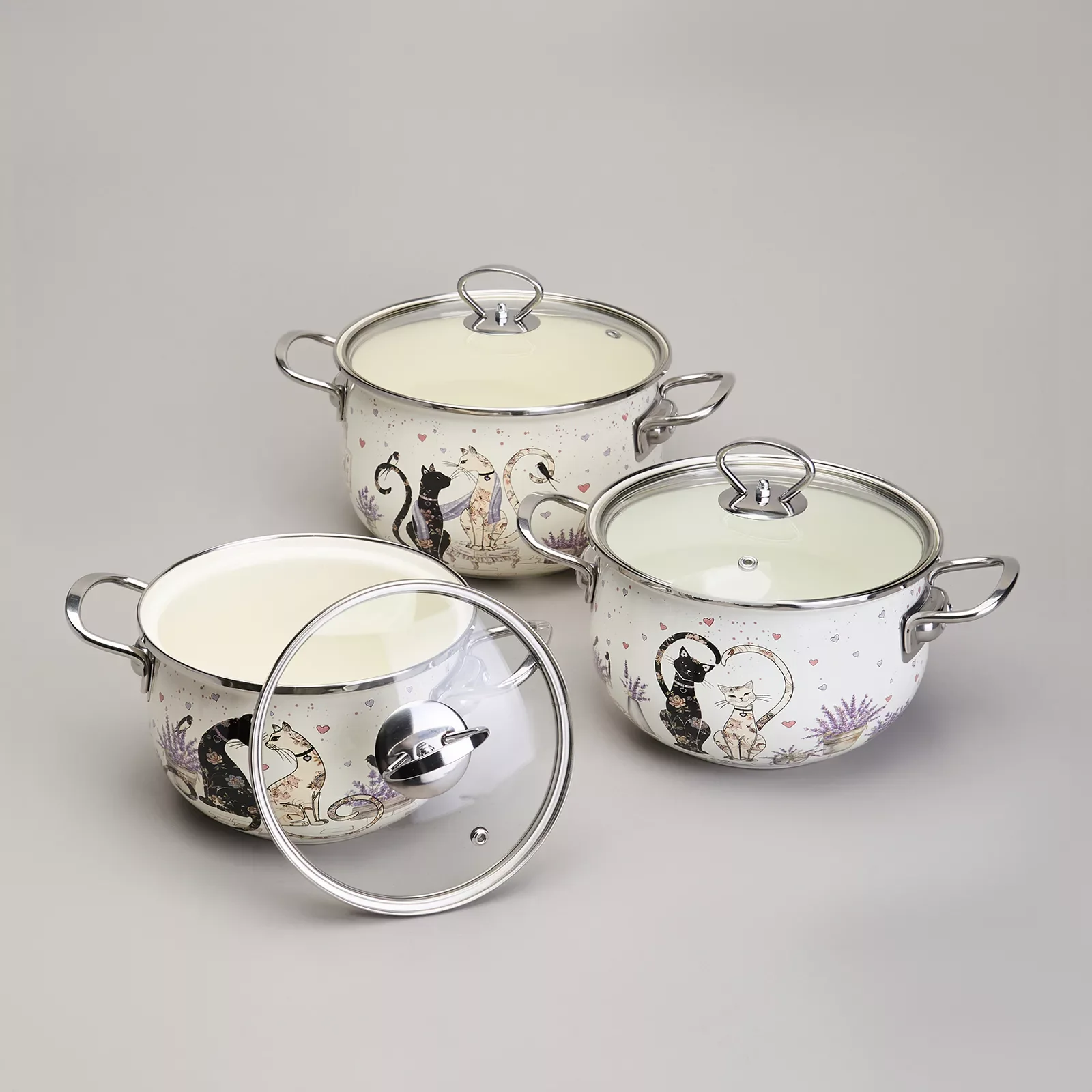НАБОР КАСТРЮЛЬ ЭМАЛИРОВАННЫЙ, СЕРИЯ "LAVENDER CATS" 4ПР. 2,0/2,8Л ДИА.18/20СМ