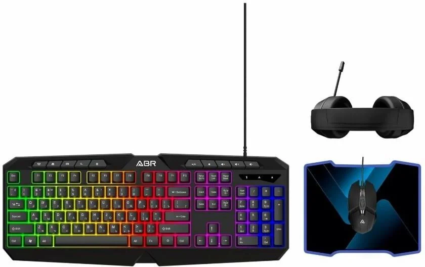 Игровой комплект из проводной клавиатуры, мыши, коврика для мыши и наушников ABR KM707+M01D10