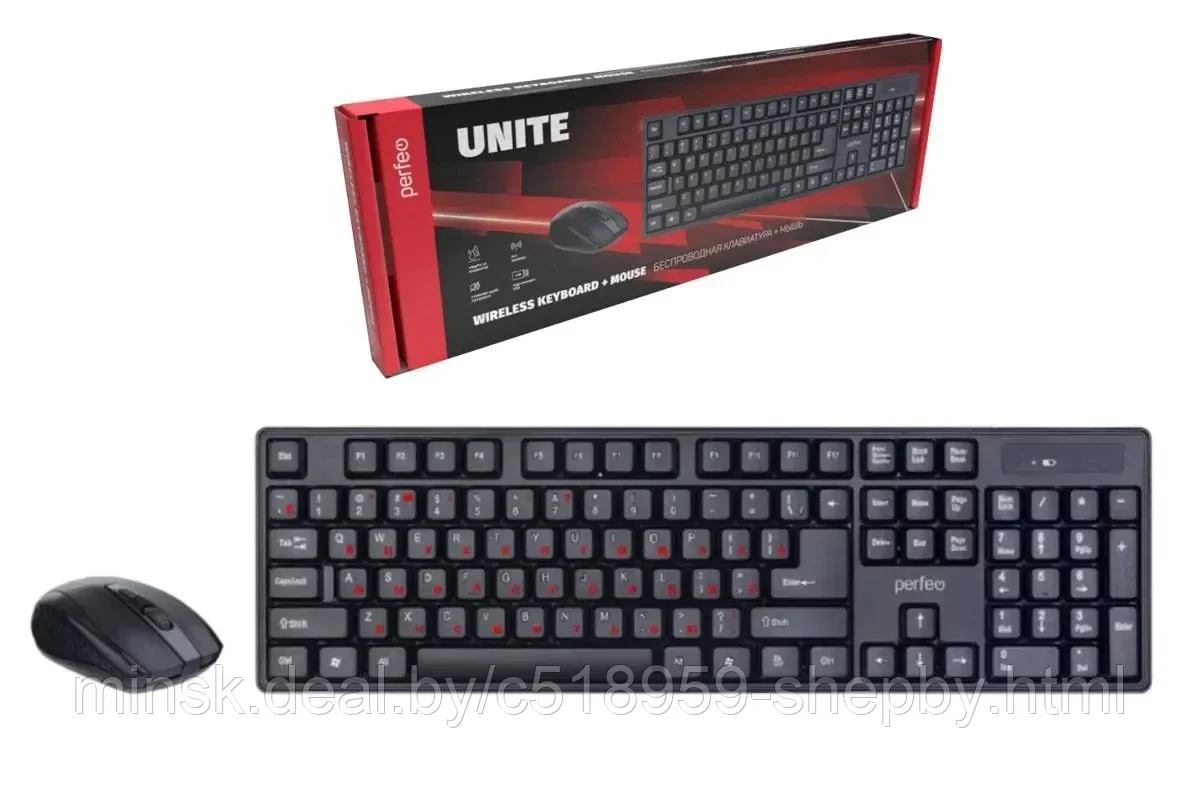 Комплект беспроводной Perfeo "UNITE", USB: клав-ра 104 кн. + оптич. мышь 3 кн., 1000-1200-1600 DPI PF_A4786