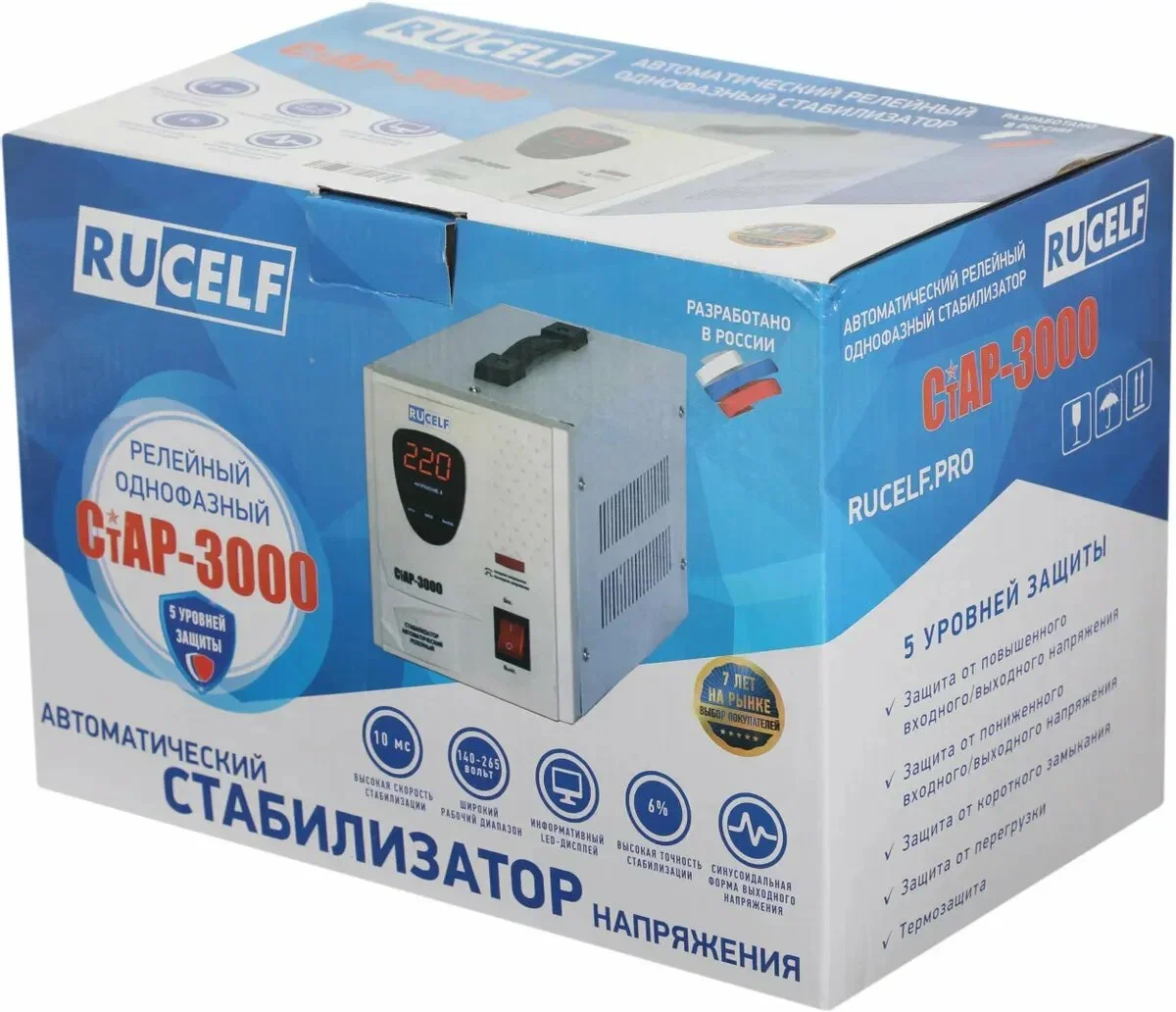 Стабилизатор напряжения RUCELF СтАР-3000 (релейный, цифровой диспл., 140в-270в)