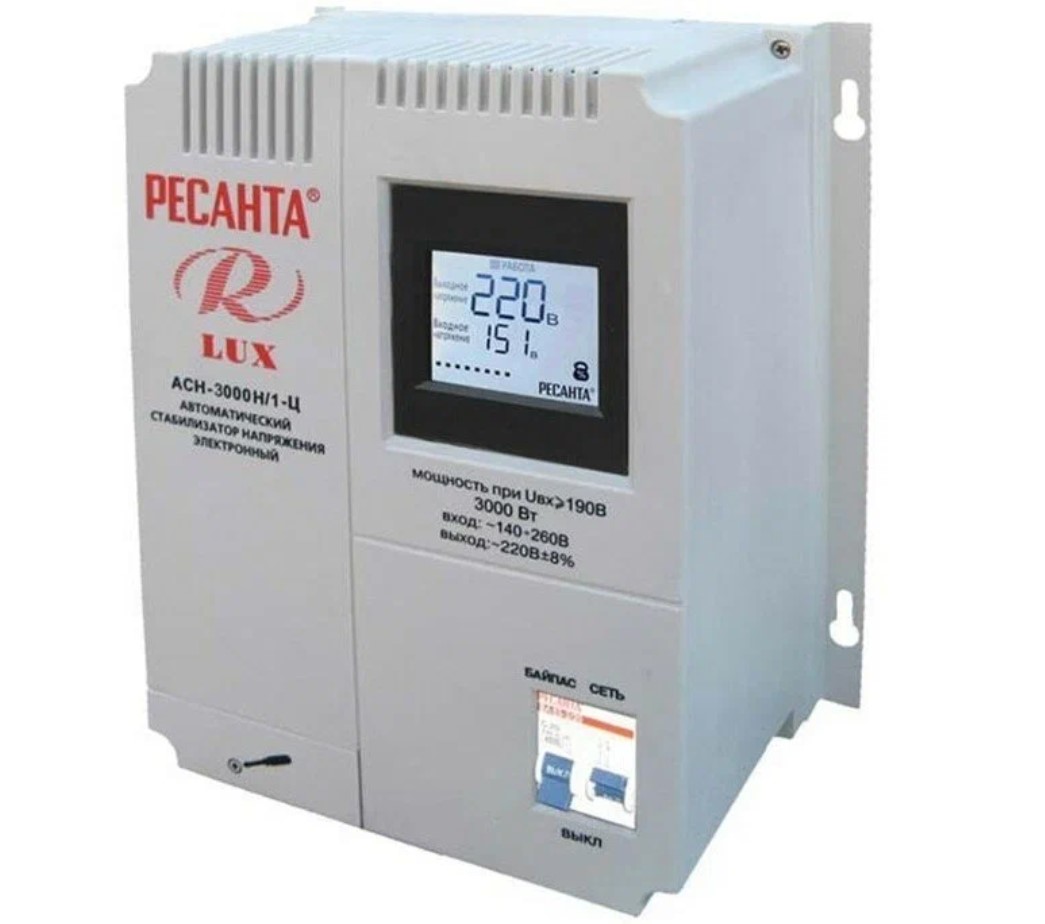 Стабилизатор напряжения Ресанта АСН- 3 000Н/1-Ц Lux (однофазный, 3 кВт, 3000 ВА, 220 В)