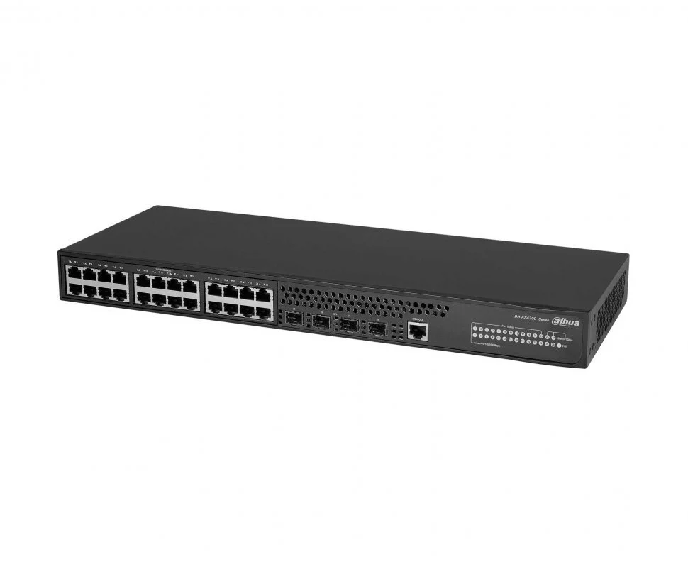 Коммутатор Dahua 28-портовый управляемый, уровень L3Порты: 24 RJ45 10/100/1000 Мбит/с, 4 SFP+ 1000/10000 Мбит/с(uplink); питание: 100~240В(AC); грозоз