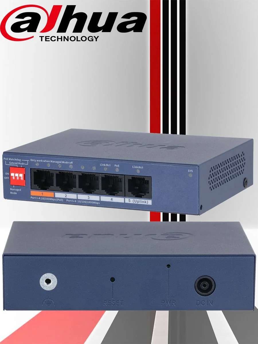 Коммутатор Dahua DH-CS4005-4ET1GT-60 4-портовый гигабитный PoE с функцией облачного управления, 4xRJ45 100Mb, 1xRJ45 1Gb uplink, суммарно 60Вт