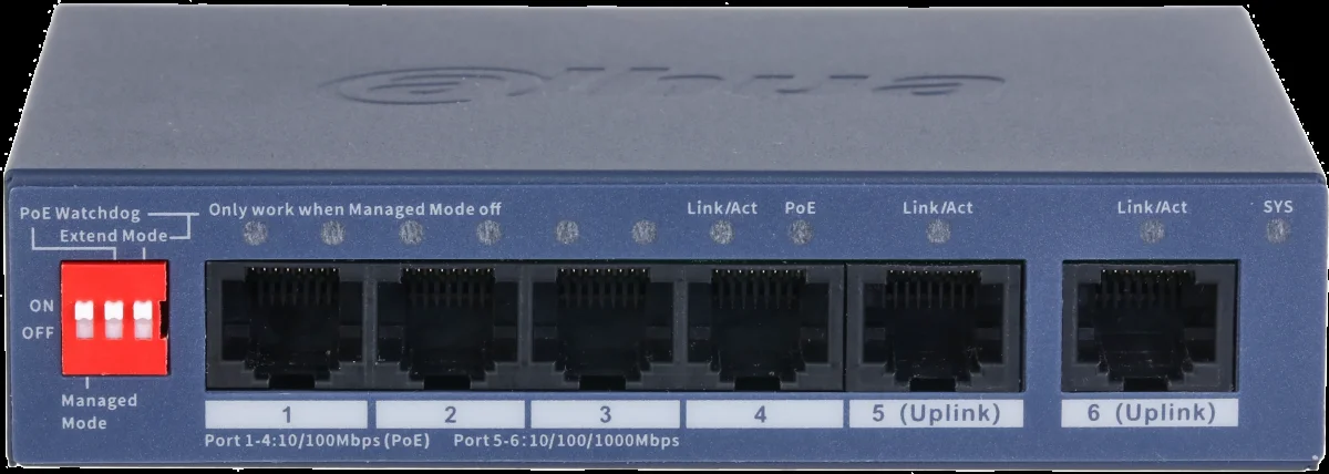 Коммутатор Dahua DH-CS4006-4ET2GT-60 4-портовый гигабитный PoE с функцией облачного управления, 4xRJ45 100Mb, 2xRJ45 1Gb uplink, суммарно 60Вт