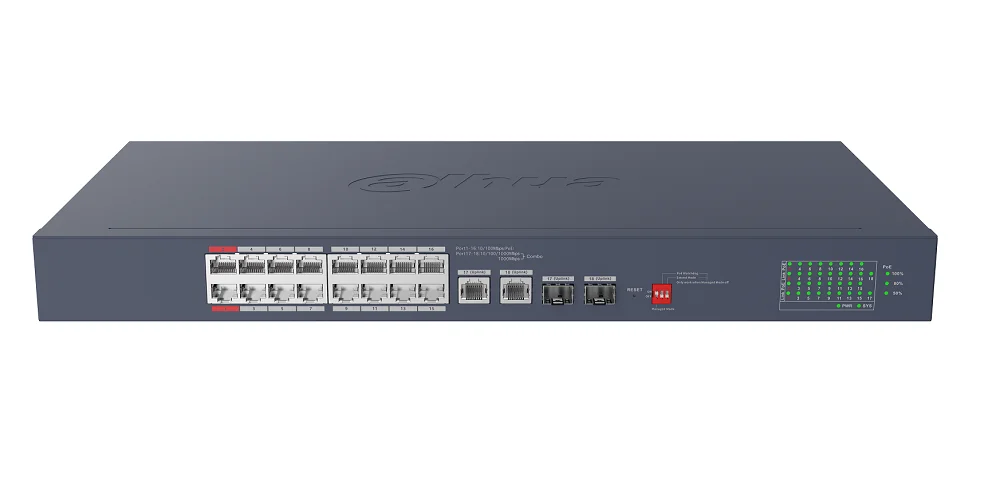 Коммутатор Dahua DH-CS4220-16GT-240 (L2) 16x100 Мбит/с 2x1 Гбит/с 2xКомбо(1000BASE-T/SFP) 16PoE 265W управляемый