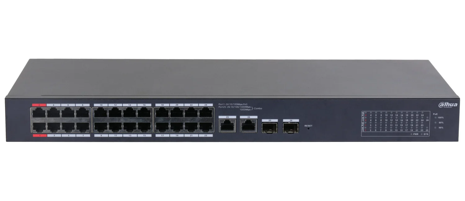 Коммутатор Dahua DH-CS4226-24ET-240, 2×1 Гбит/с + 2×1 Гбит/с Combo, управляемый