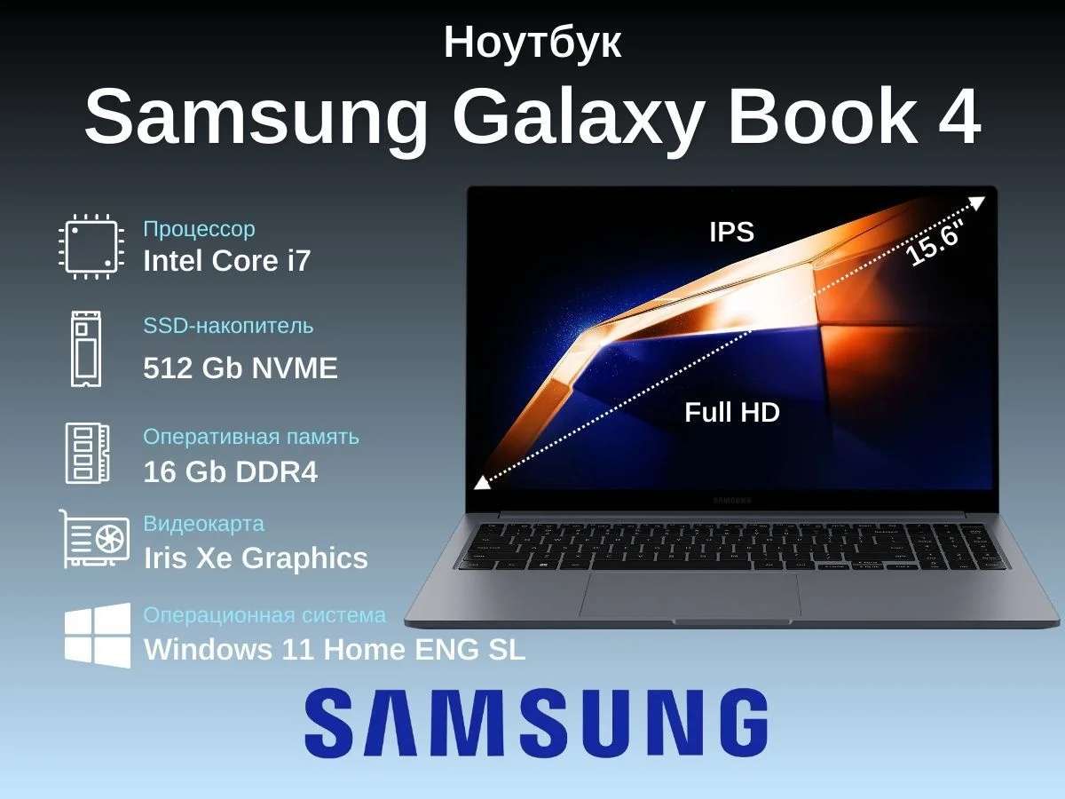 Ноутбук Samsung Galaxy Book 4 NP750 Core i5 1335U 16Gb SSD512Gb Intel Iris Xe graphics 15.6" IPS FHD (1920x1080) Windows 11 Home Multi Language grey W